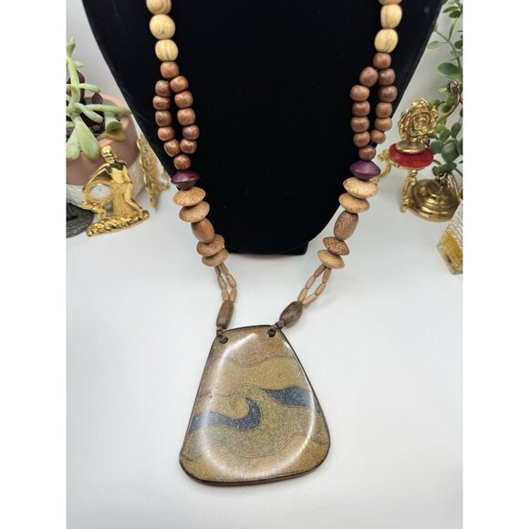 Oversized Ethnic Gypsy BOHEMIAN Tribal Wood Bead Necklace Collar Earth Tone - Picture 2 of 8